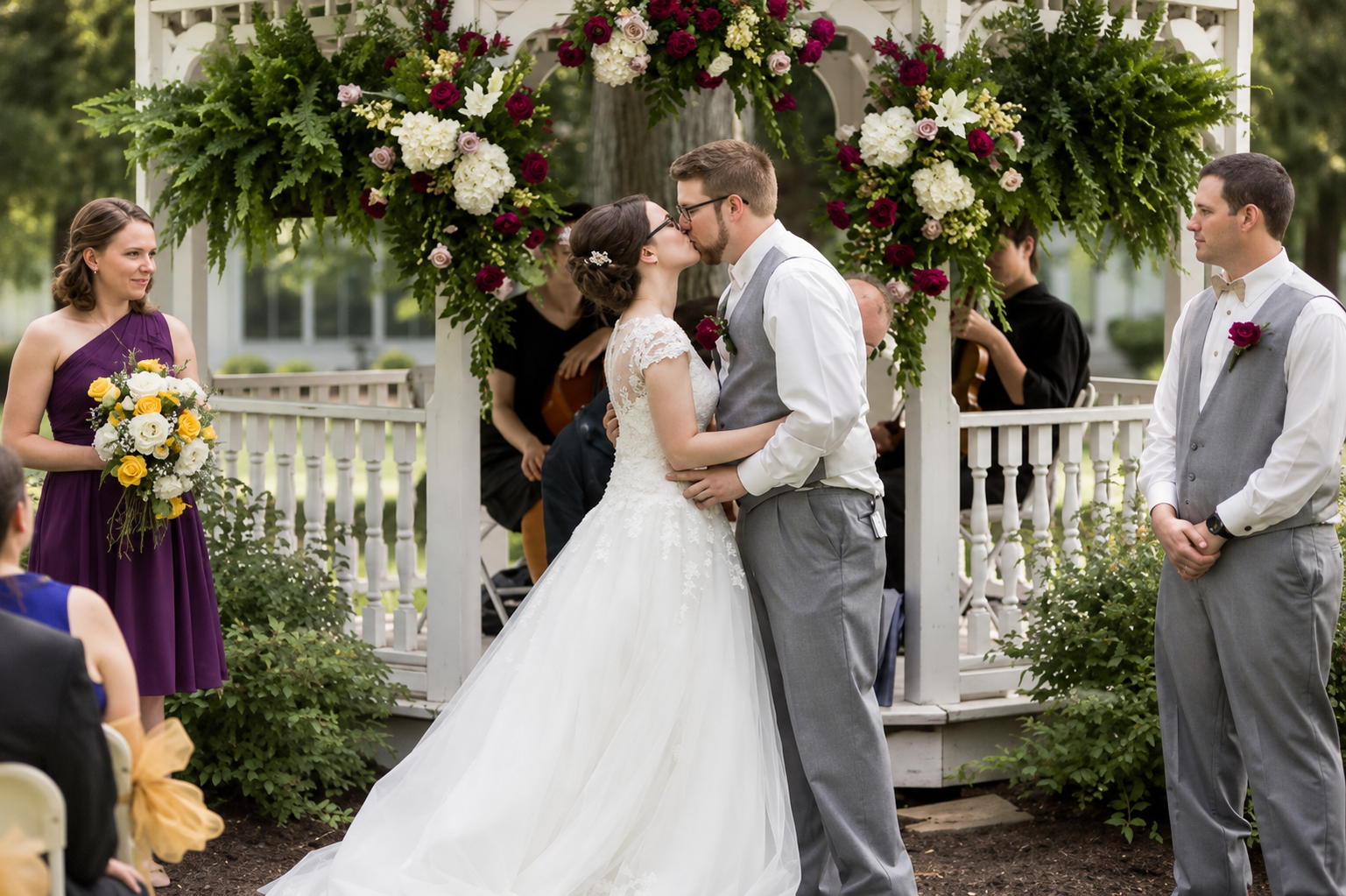 Couple kissing at their gazebo ceremony